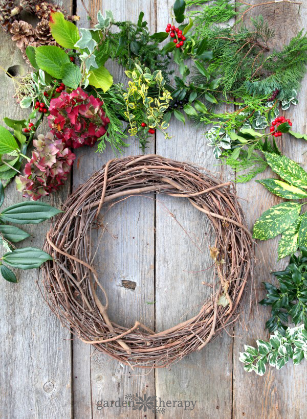 Make a beautiful fresh wreath with a variety of greenery cut from the garden with this easy step-by-step tutorial