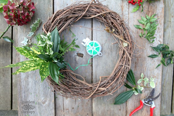 Make a beautiful fresh wreath with a variety of greenery cut from the garden with this easy step-by-step tutorial