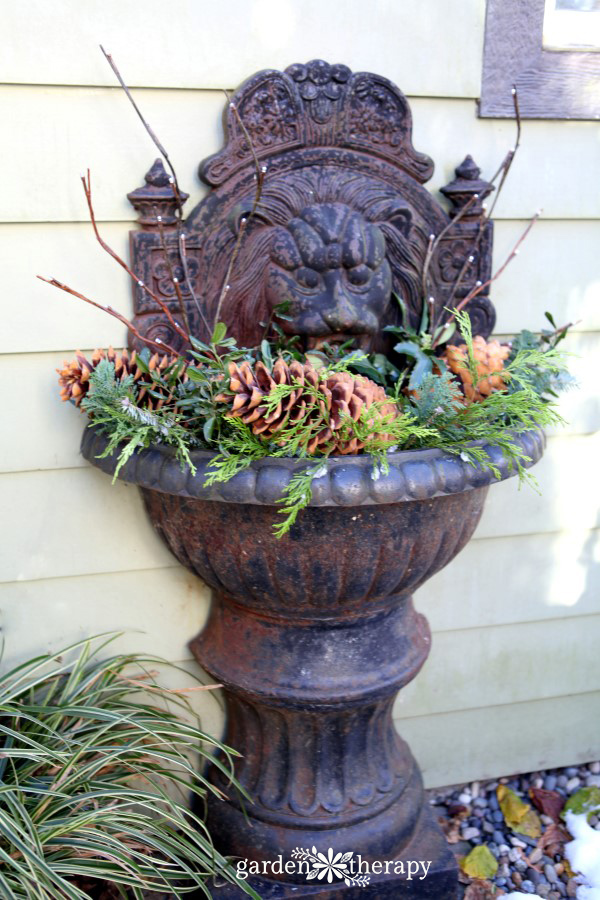 Learn how to do some basic winter fountain care tasks, then use the garden to decorate it up with greenery from the garden, lights, and ornaments.
