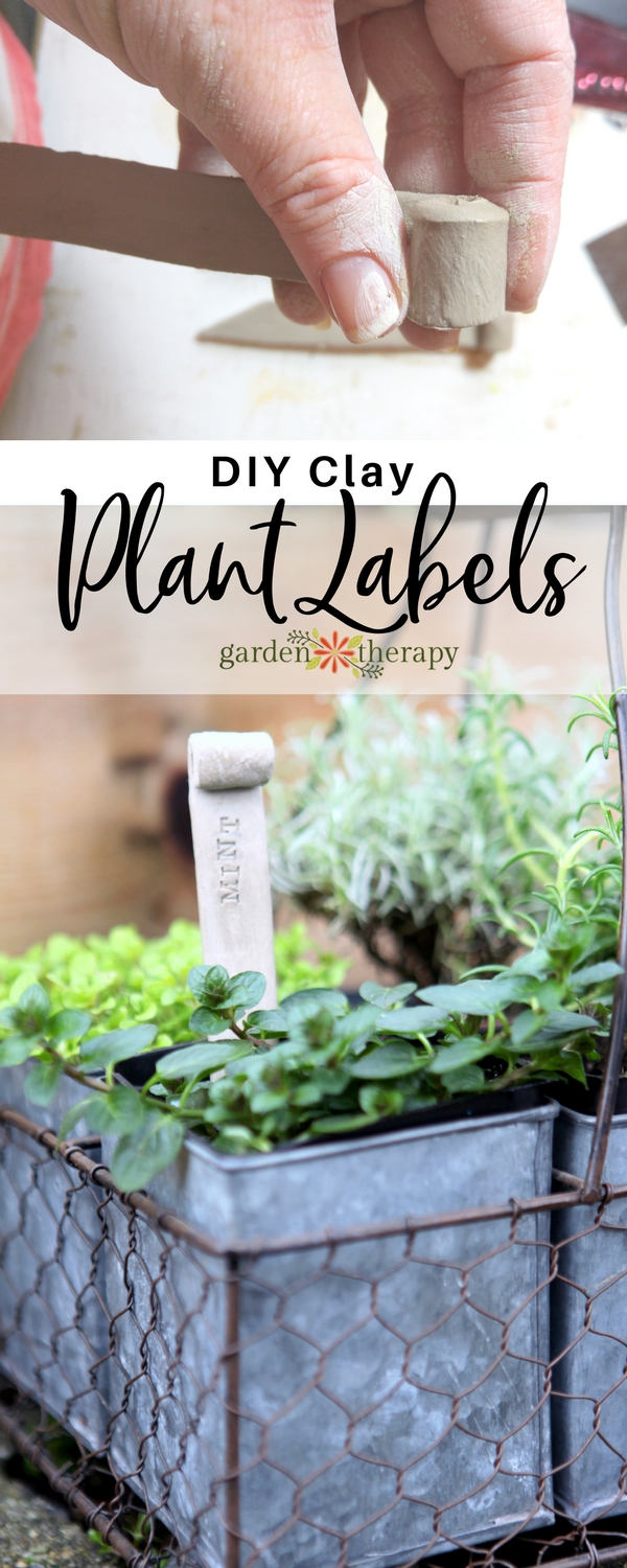These clay plant stakes are made from air dry clay and rubber stamps. They can be used to identify herbs or to add a personalized message on gifts. Learn how to make them yourself with air dry clay by following these easy steps. #gardentherapy