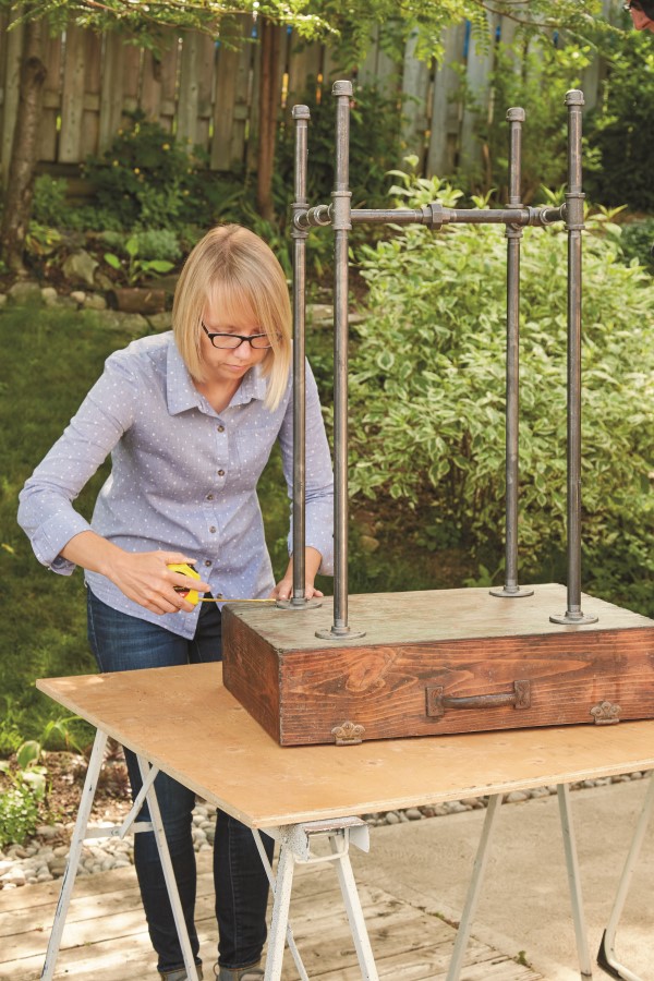 Leg placement for upcycled suitcase planter