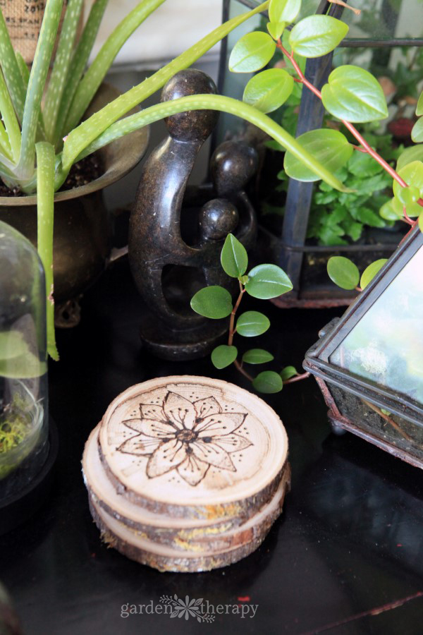 set of wood burned coasters