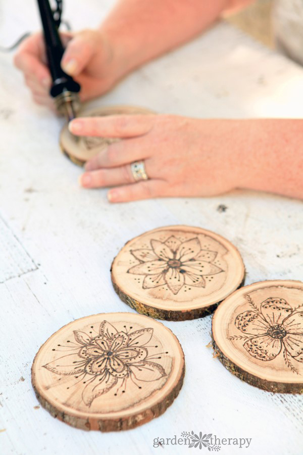 Wood Burned Coasters with Floral Pyrography Garden Therapy