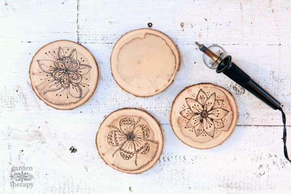 Wood Burned Coasters with Floral Pyrography Garden Therapy