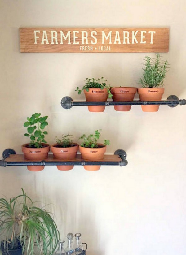 herb garden shelves made from wood and piping