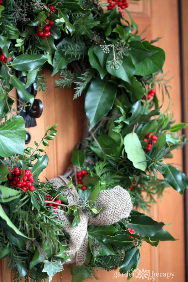 long-lasting wreath with laurel, holly, ivy, and magnolia