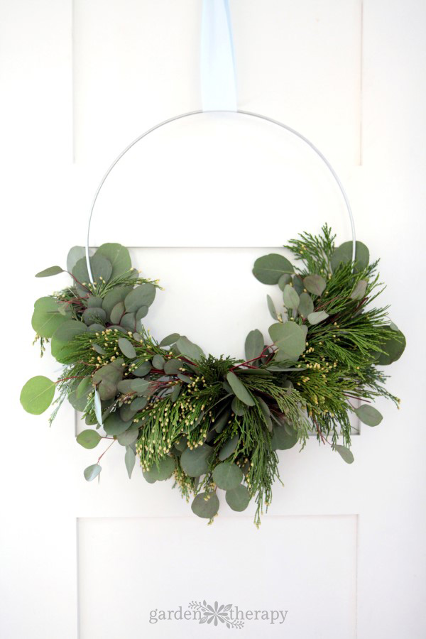 eucalyptus and incense cedar on a simple wire frame wreath, filling only the bottom half