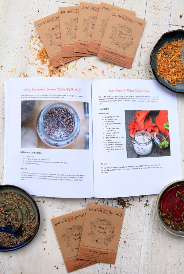 The Natural Beauty Recipe Book, which contains natural recipes for the whole body, alongside the limited edition Garden Therapy Natural Beauty seed packets and dried botanicals