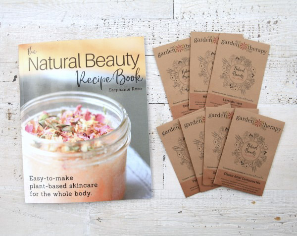 The Natural Beauty Recipe Book and 7 packets of limited edition Garden Therapy seeds for growing a skincare garden are included in this kit