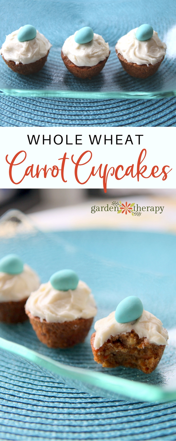 Whole wheat carrot cupcakes look sweet topped with a single candy egg