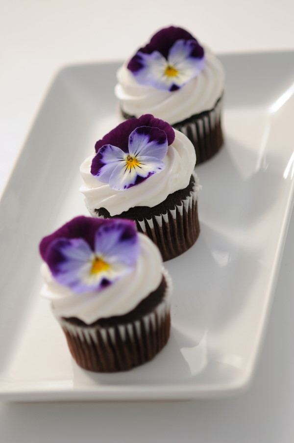 Cool Wave pansies garnishing mini cupcakes