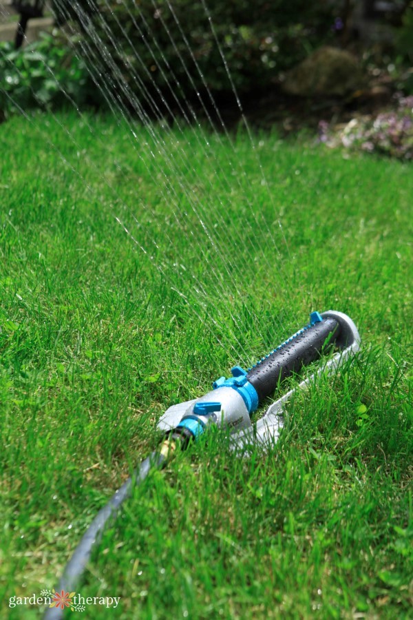 rectangular sprinkler on a green lawn