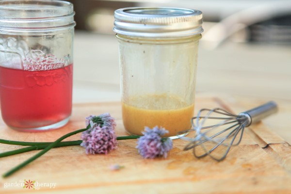 chive blossoms in salad dressing