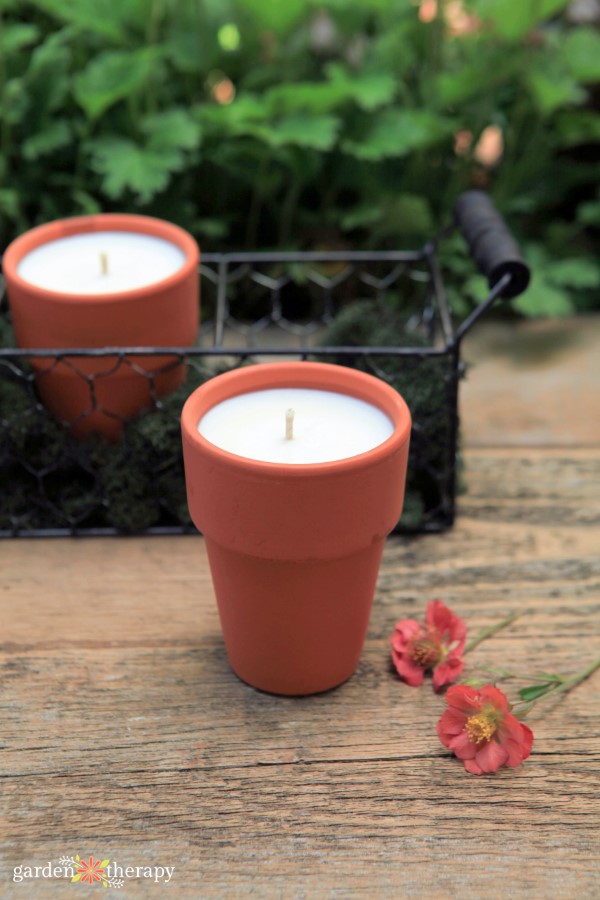 citronella candles in terracotta pots