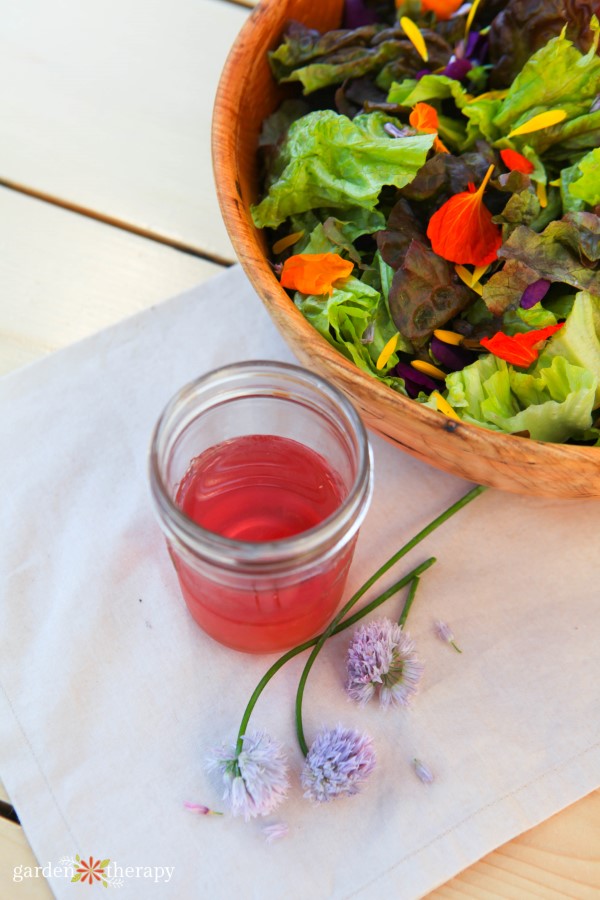 flowerfetti salad with chive blossom dressing