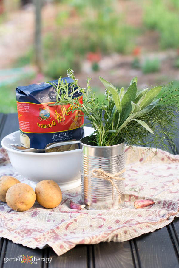 an herbal arrangement in a tin can