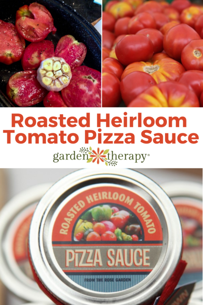 Pin image for roasted heirloom tomato pizza sauce recipe.