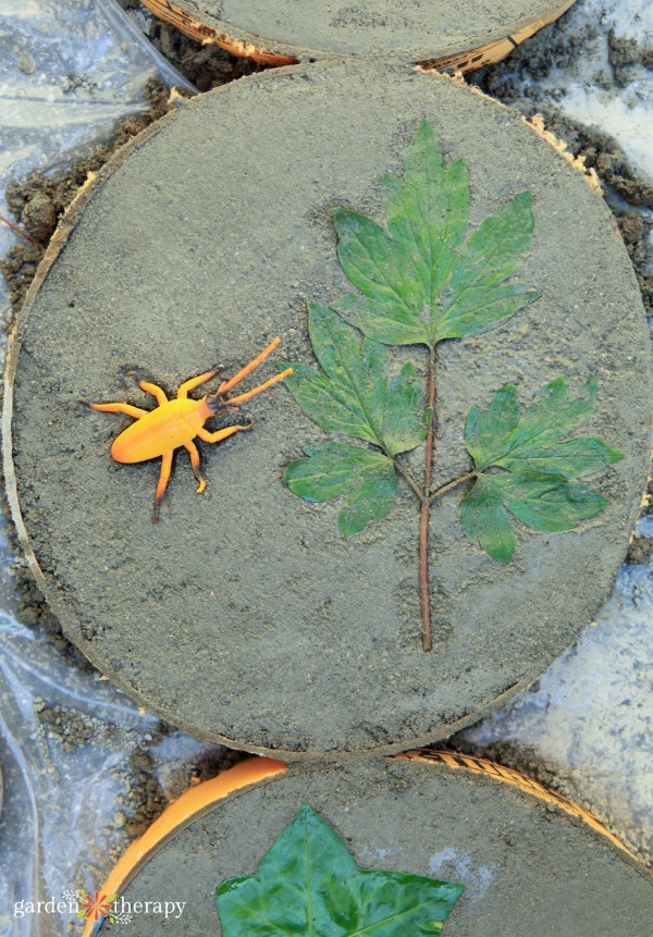 printing stepping stones with a natural leaf and a plastic bug toy