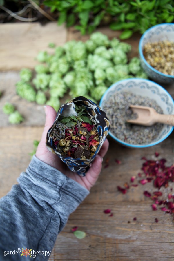 herbal dream pillow filled with hops, chamomile, rose, mint, and lavender