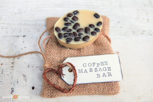 coffee massage bar with a gift tag and burlap bag