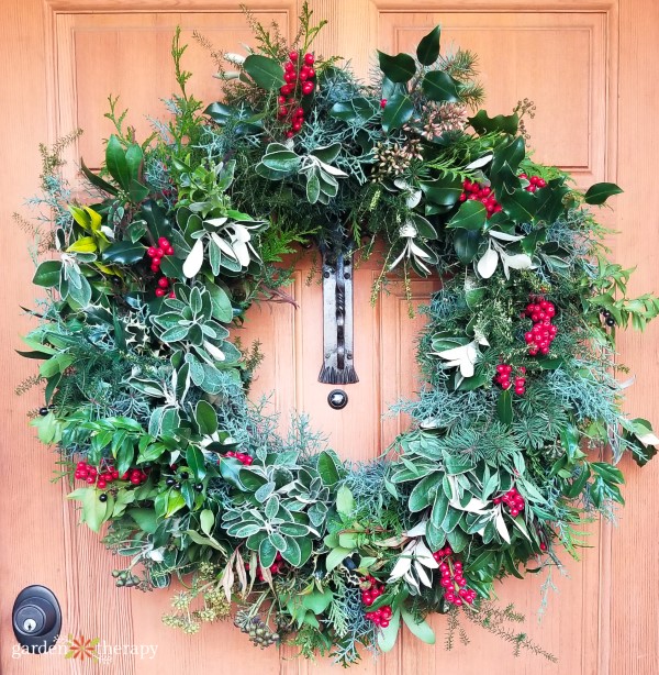 Close up Garden Therapy DIY Christmas Wreath on Door