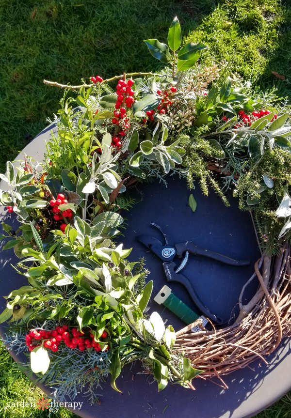 half finished real Christmas wreath made from evergreen clippings fixed to a grapevine wreath