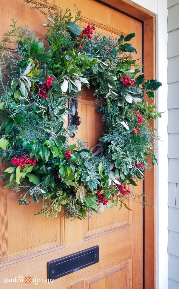 Red and Green Natural DIY Christmas Wreath on Door