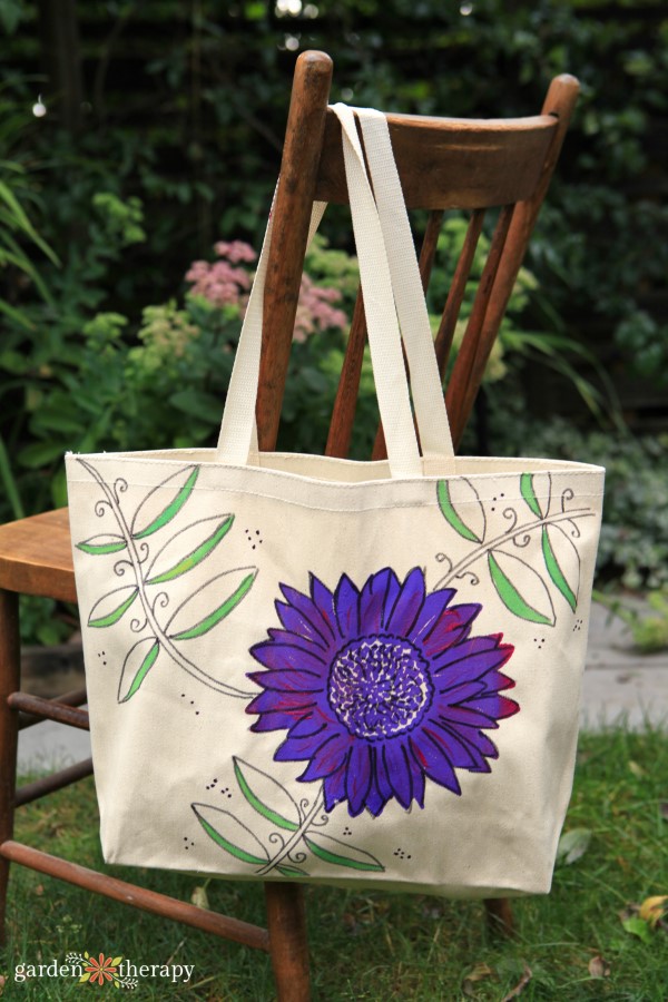 Hand Painted Purple Sunflower Canvas reusable tote bag