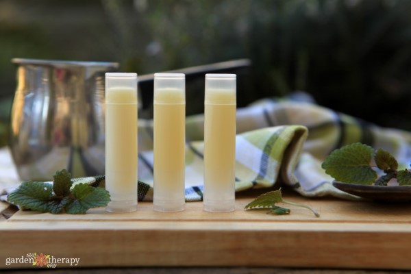 3 peppermint lip balm tubes without labels, surrounded by fresh mint