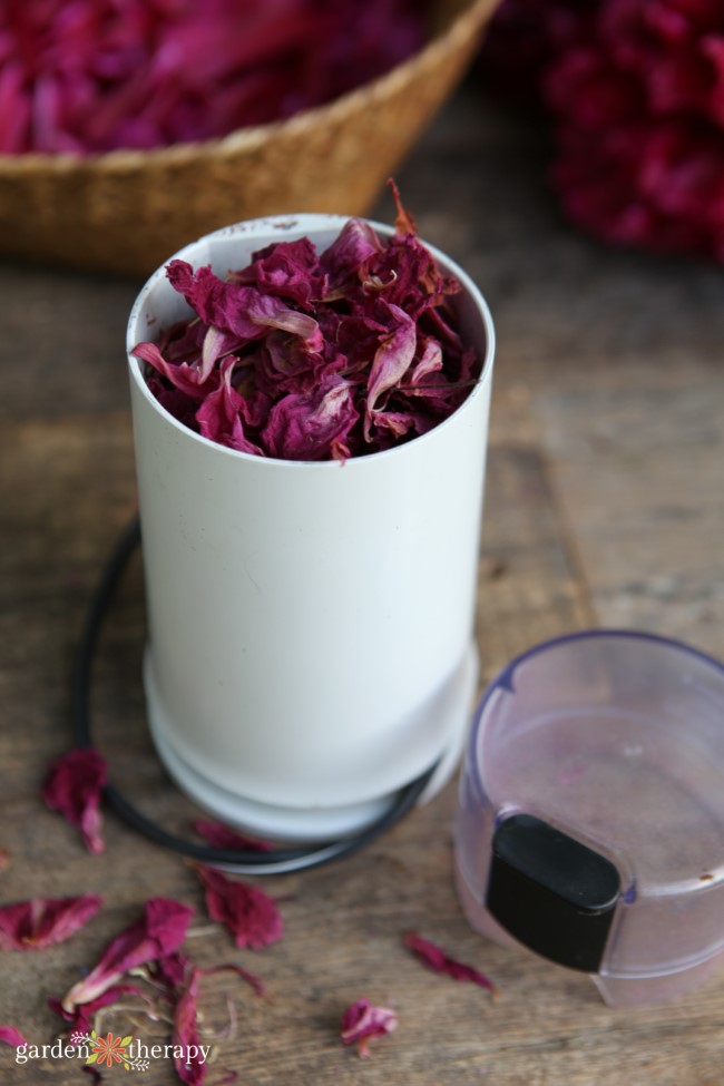 Dried Peony Petals in a Coffee or SpiceGrinder