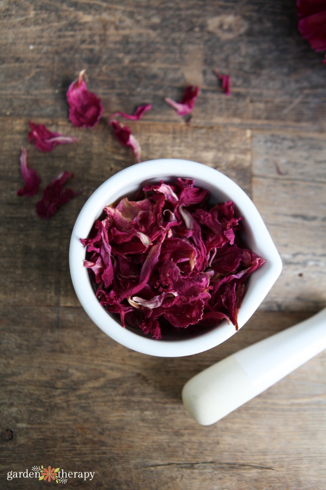 Dried Peony Petals in a Mortar and Pestle