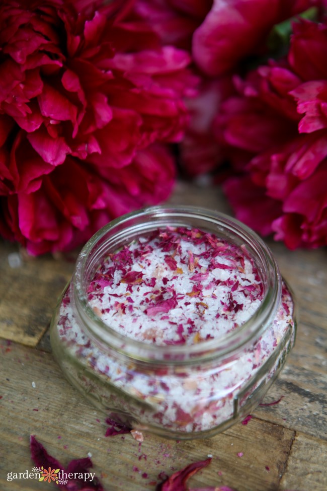 Bath salts made with pink dried peony petals