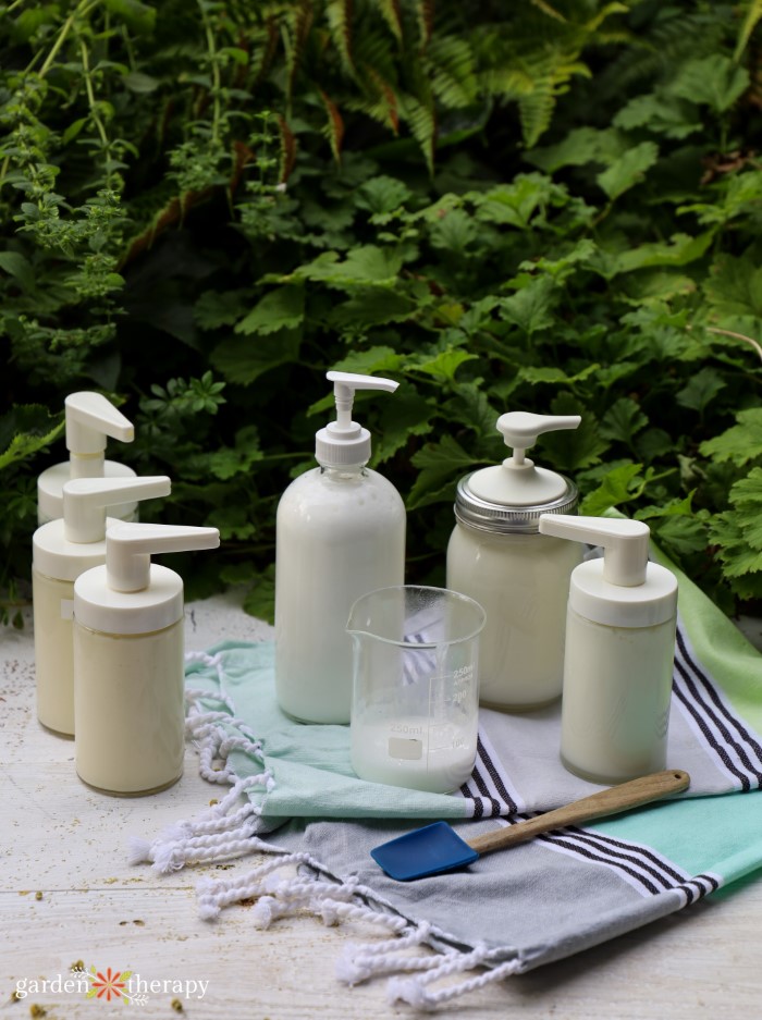 bottles of homemade conditioner and lotions