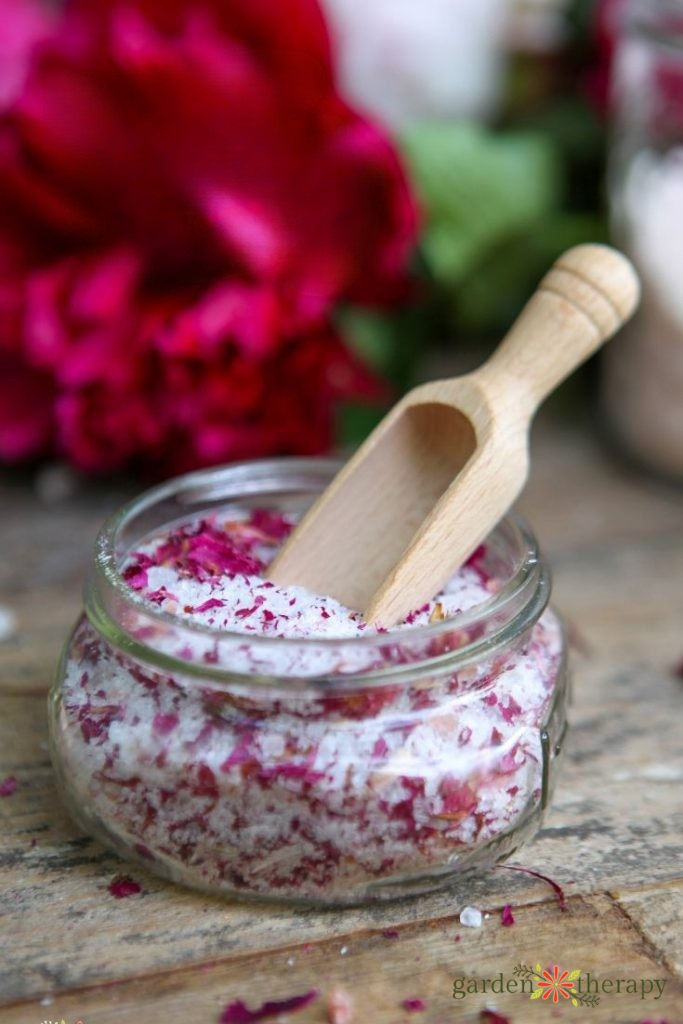 peony bath salts with wooden scoop