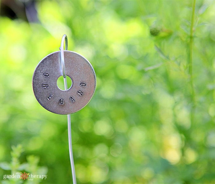 Stamped metal oregano garden marker 