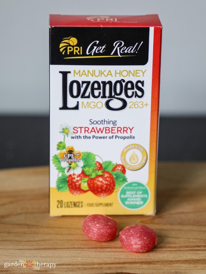 box of PRI manuka honey strawberry lozenges