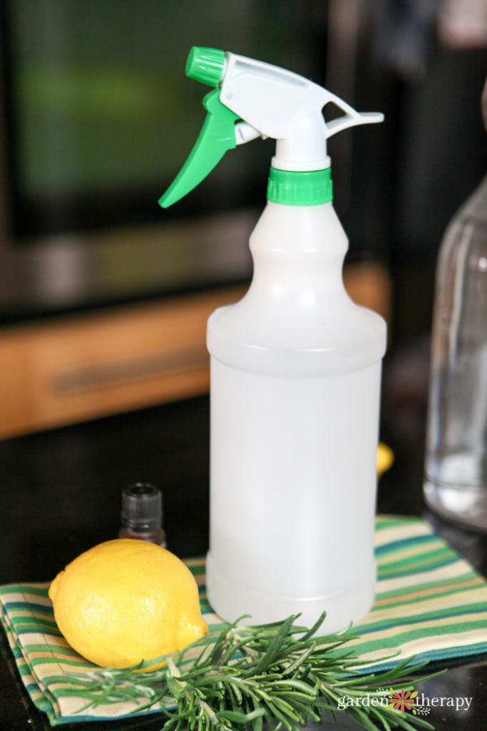 lemon and rosemary next to a spray bottle on a granite countertop