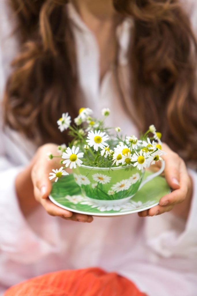  カモミールの花の入ったボウルを持つ女性