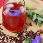 glass of freshly made hibiscus iced tea surrounded by botanicals