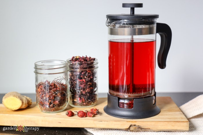 Bodum on a counter with red hibiscus tea in it and jars of dried hibiscus leaves to the side