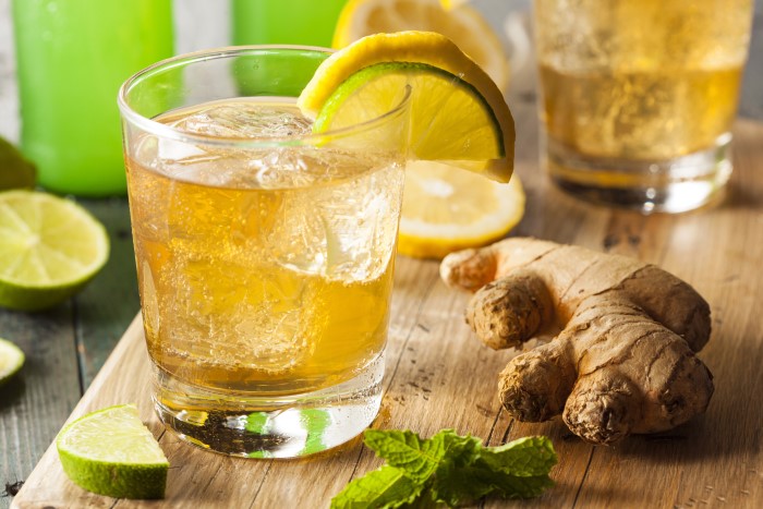 Organic Ginger Ale Soda in a Glass with Lemon and Lime