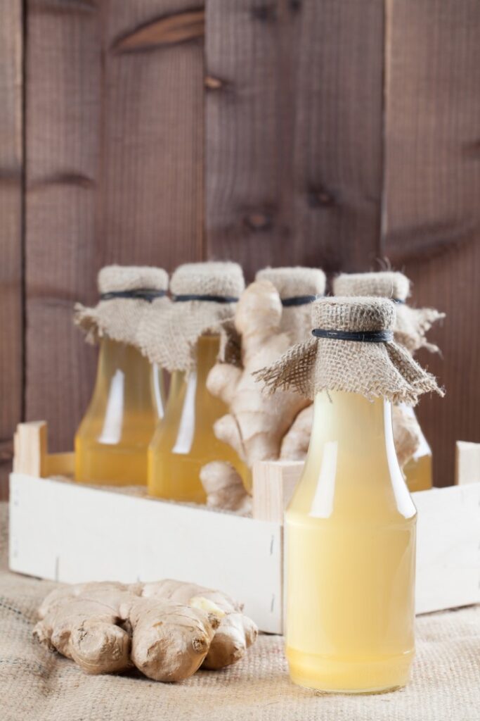 Bottles with homemade ginger syrup.