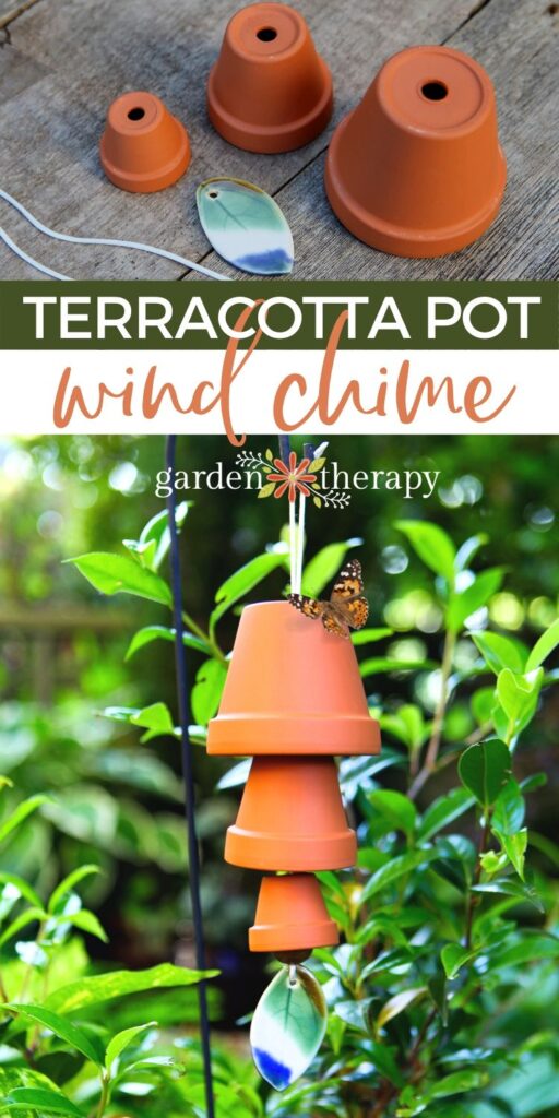 text reading'  terracotta pot wind chime with assembled DIY wind chime