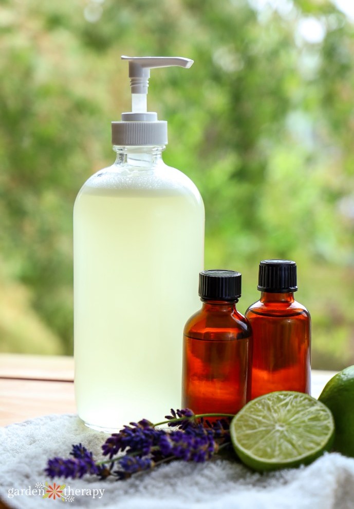 Bottle of DIY aloe vera soap with lime and lavender essential oils