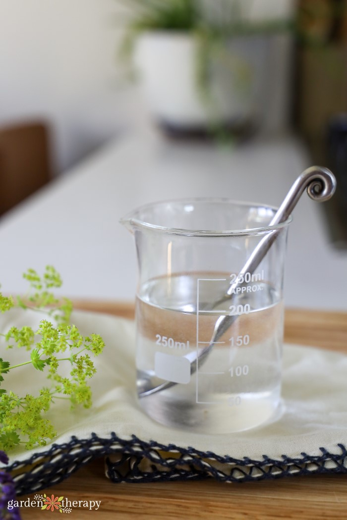 Mixing together aloe vera and water in a glass beaker