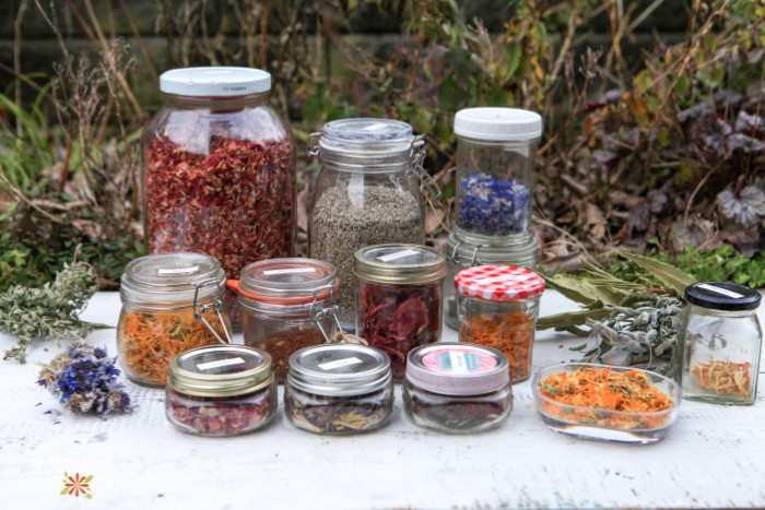 Jars of colorful dried flower petals