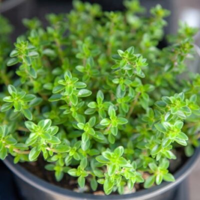 thyme growing in a gray pot