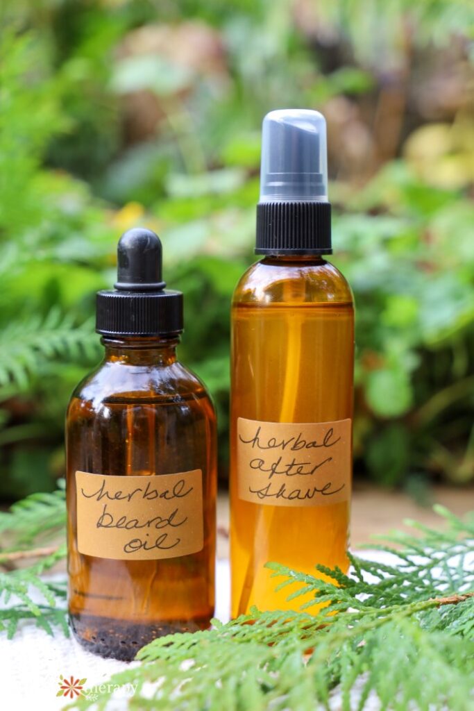 DIY aftershave and herbal beard oil bottles