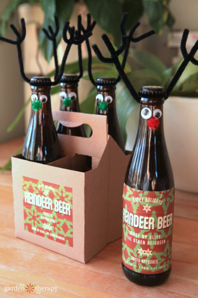 Reindeer beers - glass beers decorated with antlers, eyes and nose