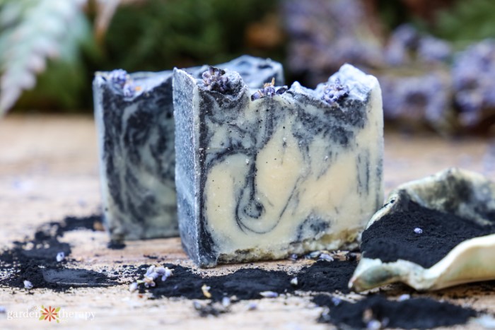 close up of a swirled charcoal soap for maskne